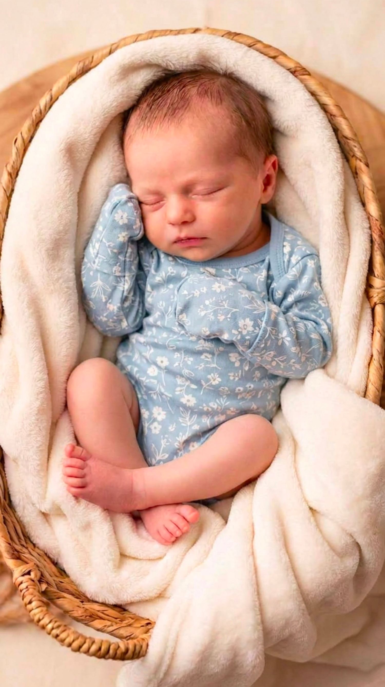 Newborn baby sleeping peacefully in a wicker basket, wrapped in cream blanket, wearing blue floral onesie.
