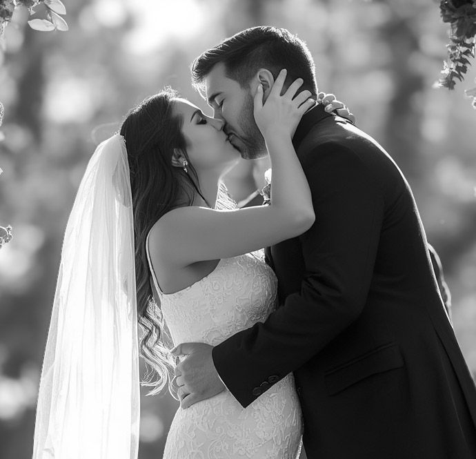 Black and white romantic kiss photo of bride and groom at outdoor wedding ceremony.