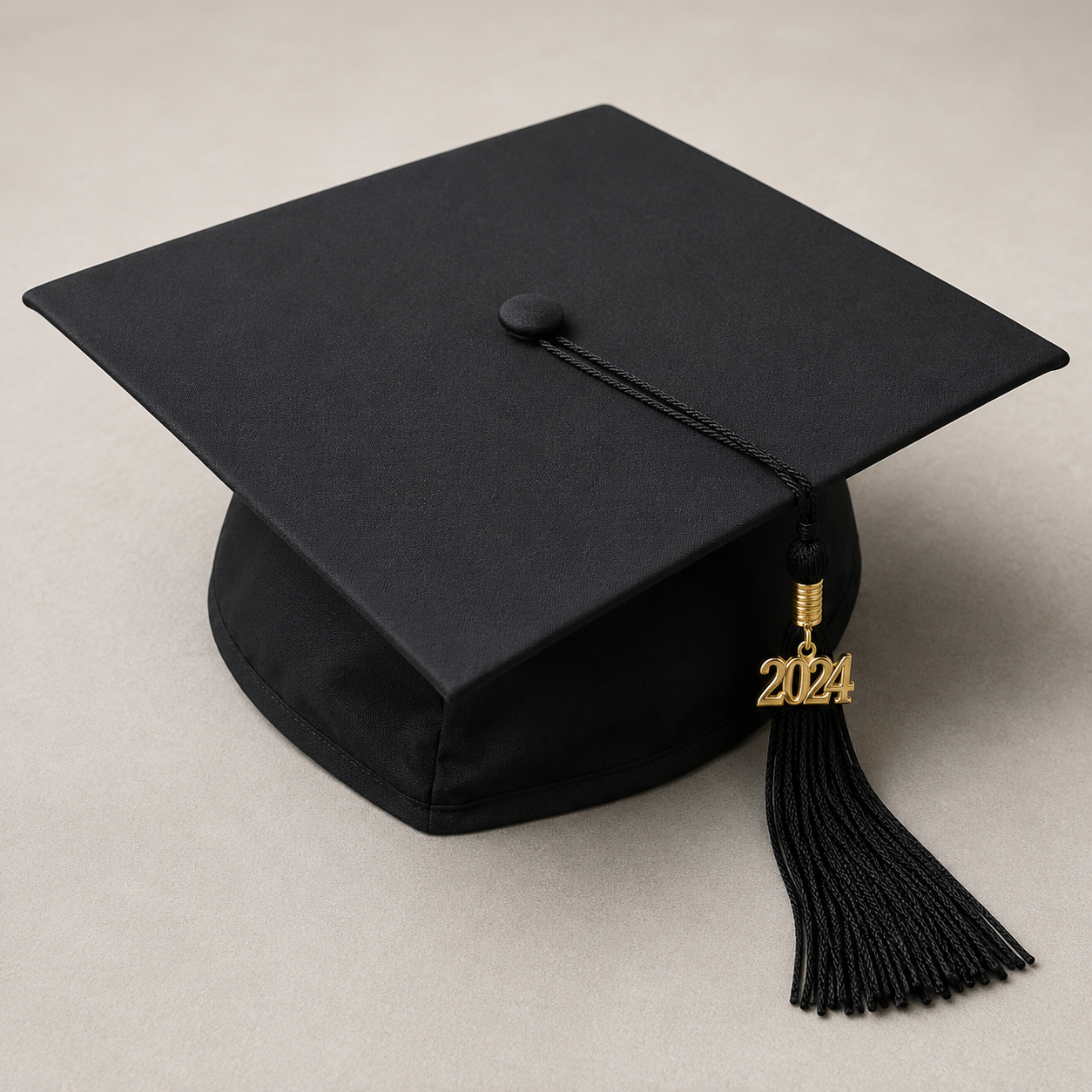 Black graduation cap with gold 2024 tassel charm on neutral background.