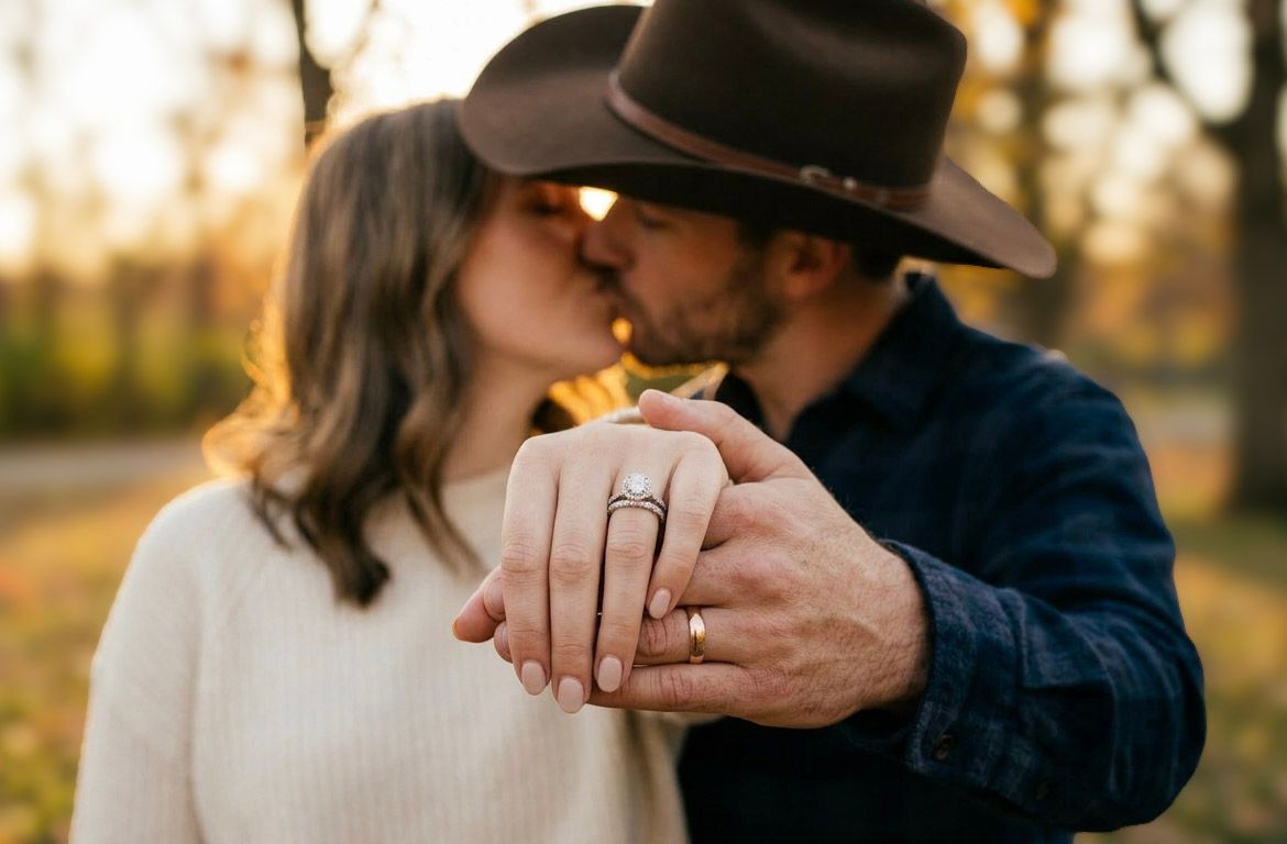 Couple kissing while displaying engagement rings in autumn outdoor setting.