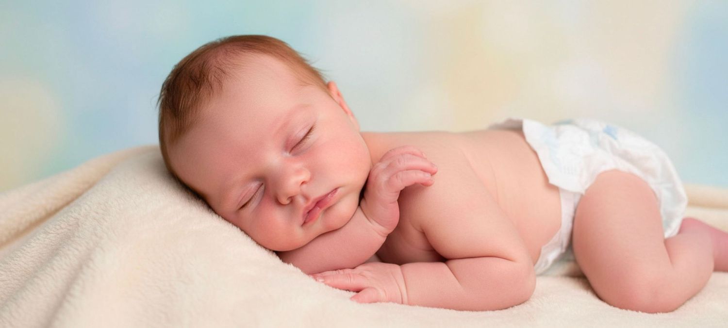 Peaceful newborn baby sleeping on a soft blanket wearing a white diaper against a pastel blue background.