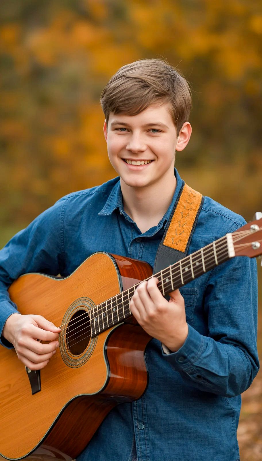 Smiling teenage boy holding acoustic guitar outdoors with colorful autumn foliage background.
