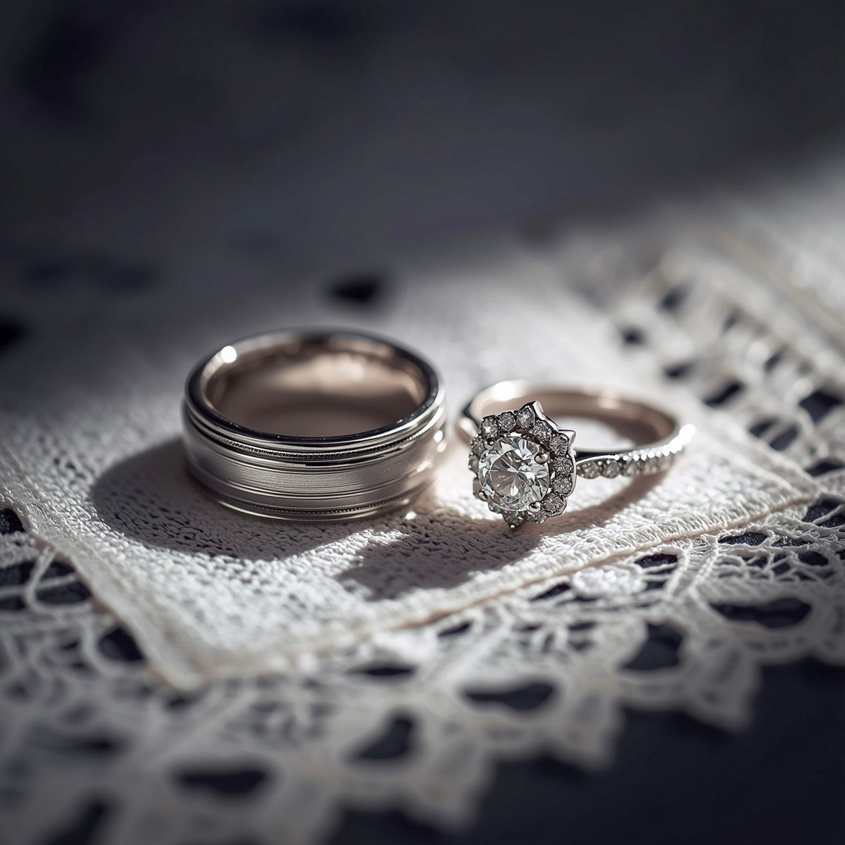 Close-up of diamond engagement ring and wedding band resting on white lace fabric.