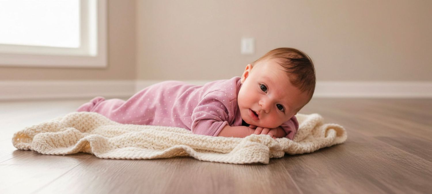 Newborn baby in pink onesie lying on a cream knit blanket on hardwood floor.