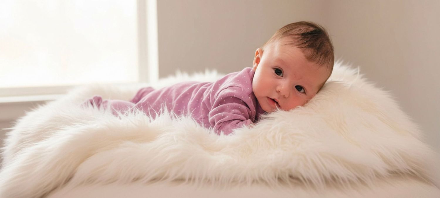 Newborn baby in pink outfit lying on fluffy white fur rug near a bright window.