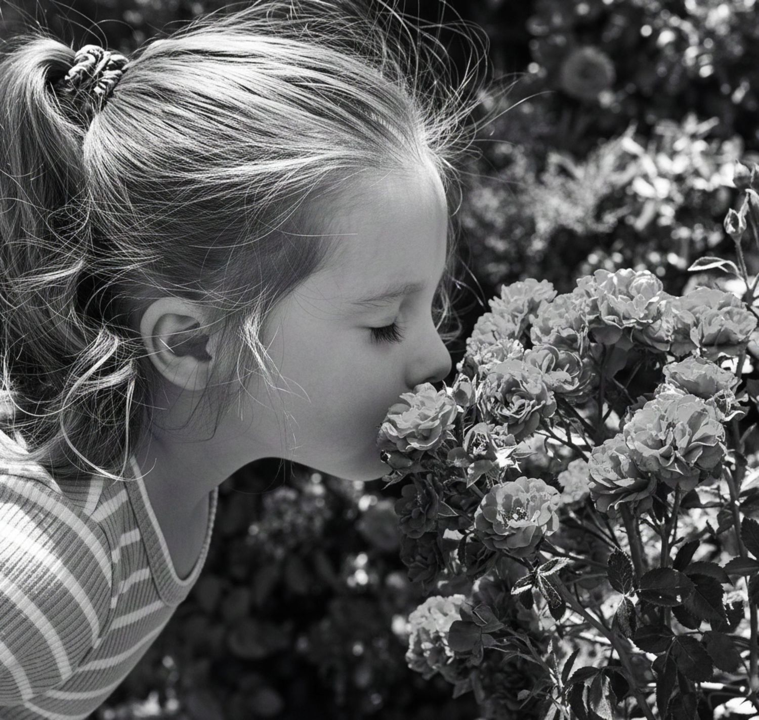 Black and white photo of young girl smelling blooming roses in garden.