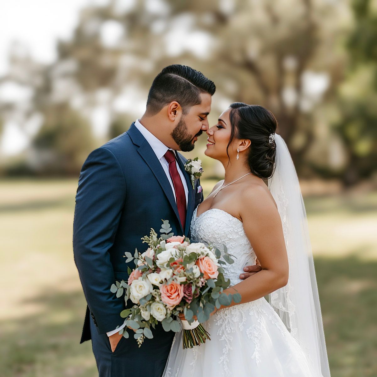 Bride and groom touching foreheads in outdoor park setting, bride holding pink and white bouquet.