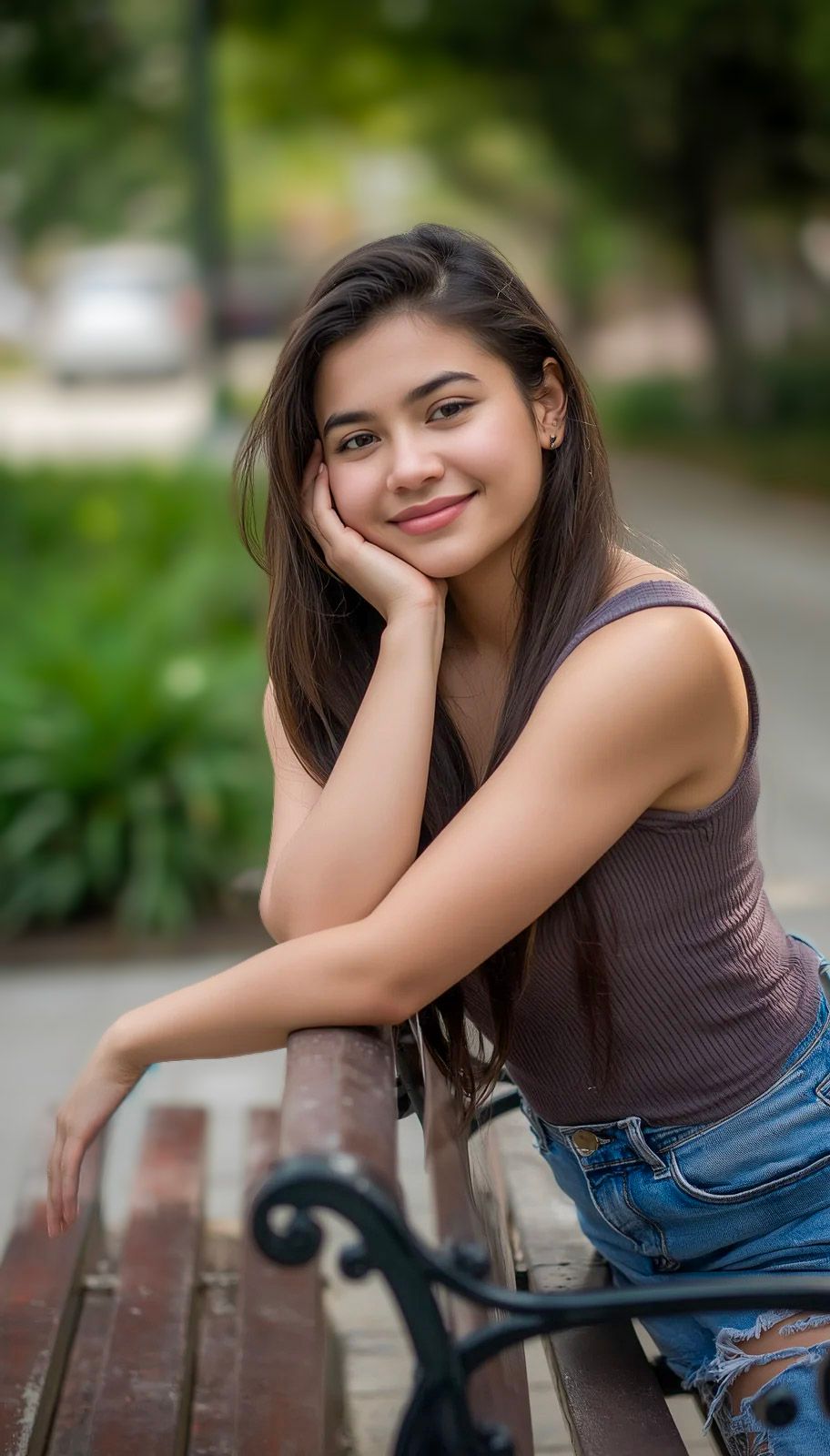 Young woman in brown tank top and denim shorts smiling on a park bench outdoors.