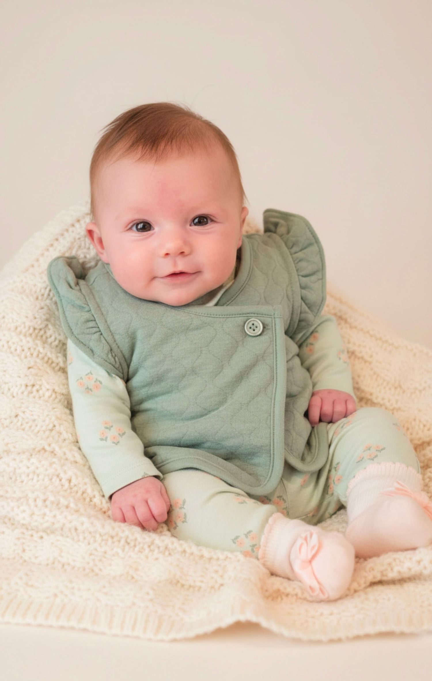 Adorable baby in sage green quilted vest and floral outfit sitting on cream knit blanket, smiling sweetly.