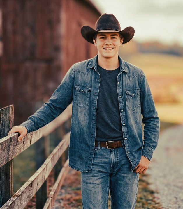 Smiling young man in cowboy hat and denim shirt leaning on a wooden fence near a barn.