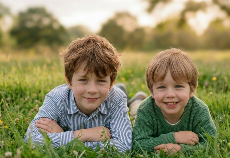 Two young red-haired brothers smiling while lying in green grass at golden hour.