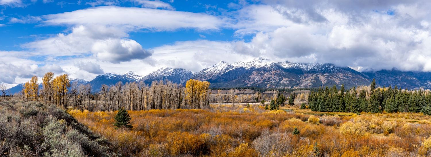 A stunning panoramic view of snow-capped mountains with golden autumn foliage under dramatic clouds.