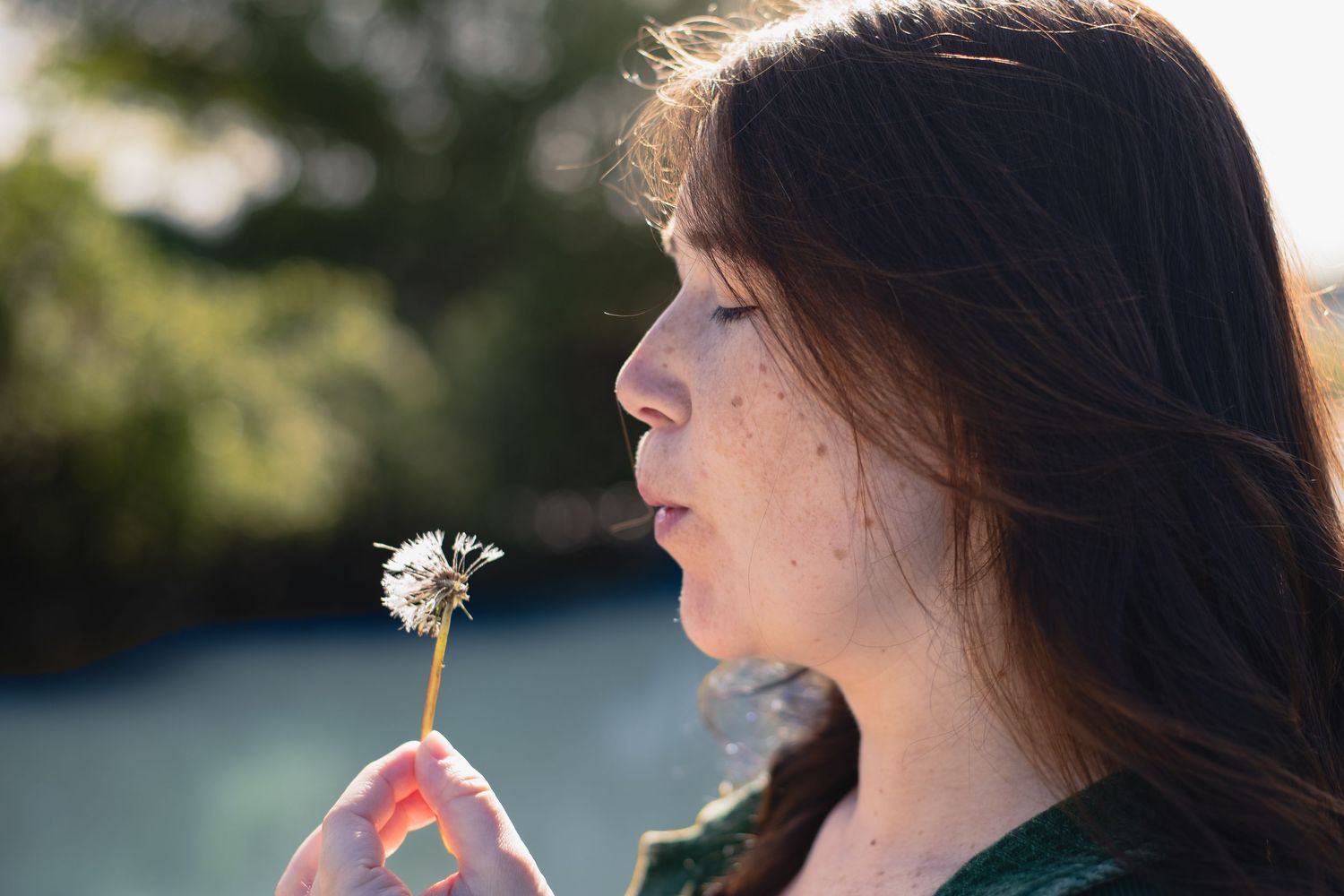 A photo of a woman blowing on a dandelion.