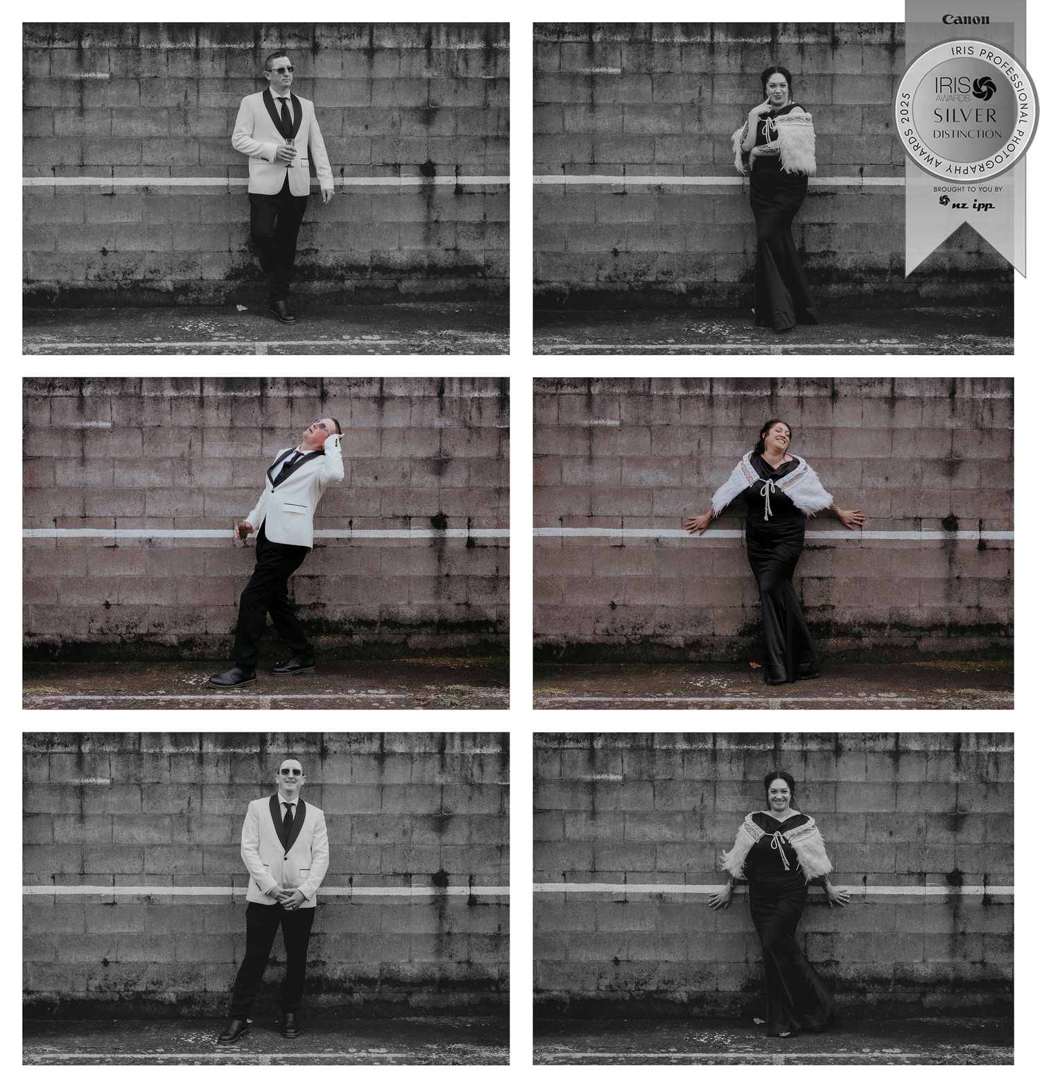 A black and white photo collage of a person posing in six different ways against a concrete wall outdoors, photography by Charly Baty.