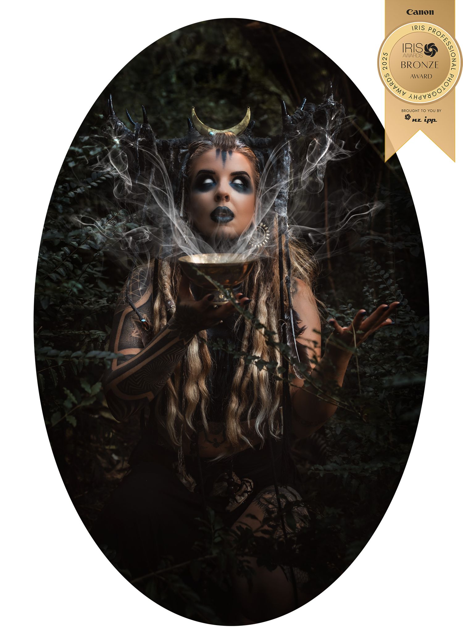 Award-winning fantasy portrait of a dark forest witch with crescent moon crown, spider webs, and mystical makeup in oval frame.