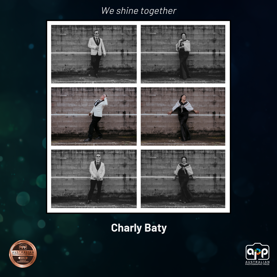 Black and white photo collage of Charly Baty posing against a wall, part of the APP We Shine Together series.