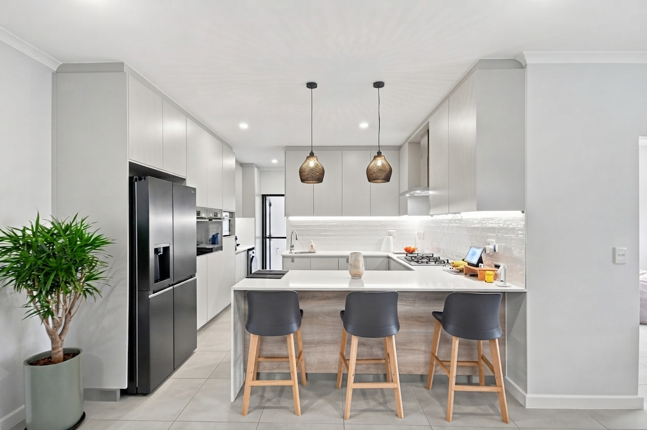 Modern real estate interior photography featuring open plan kitchen and island