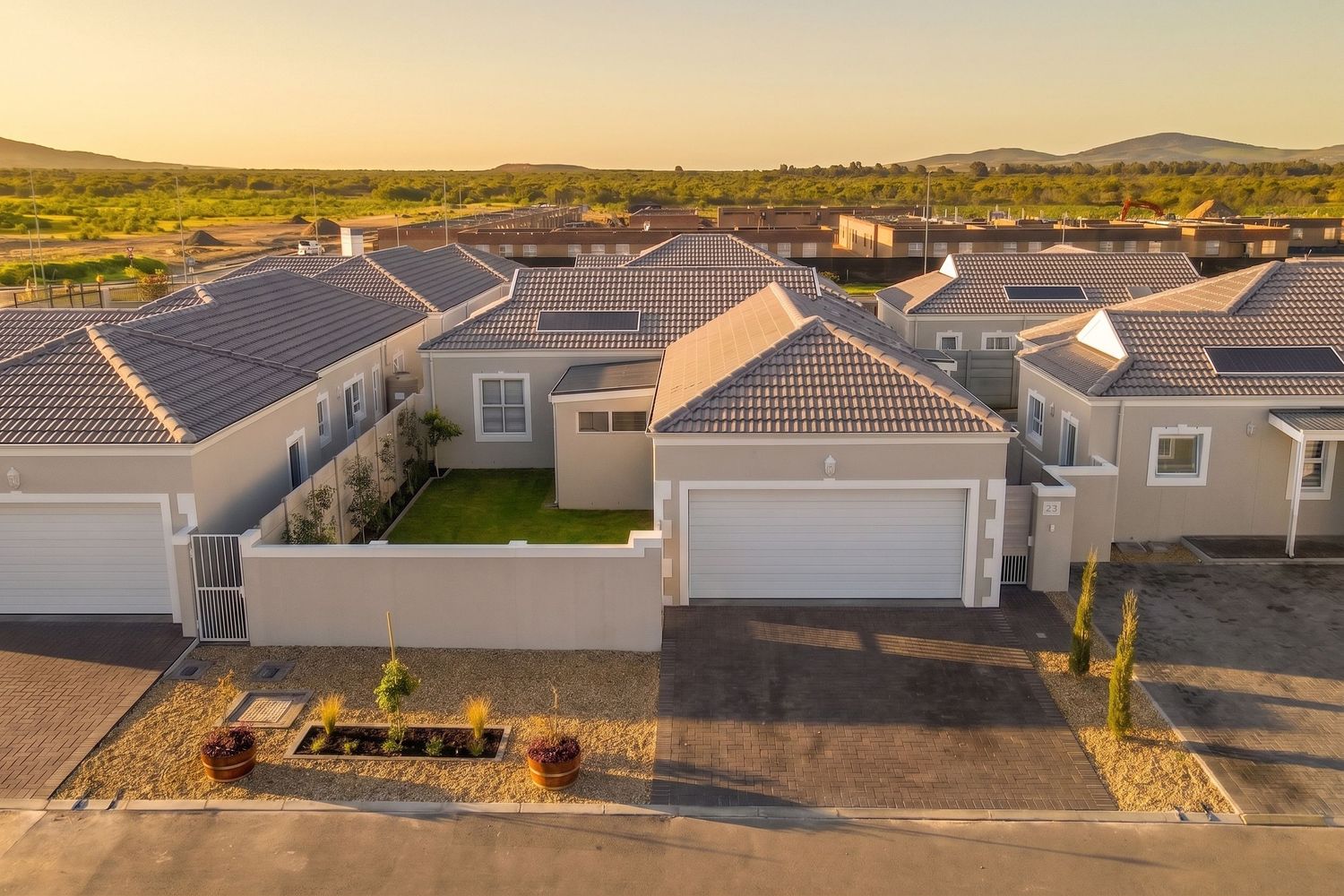 Aerial drone view of residential estate homes in Sunningdale