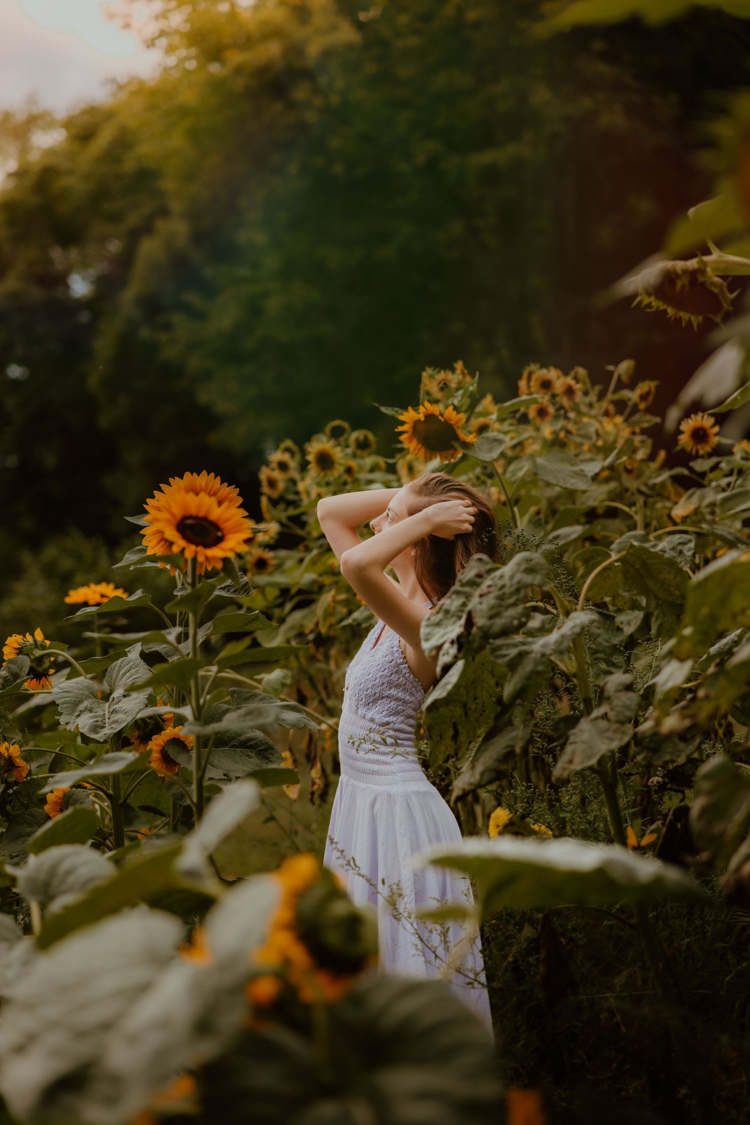 Woman in white dress stands among tall sunflowers in a lush garden at golden hour.