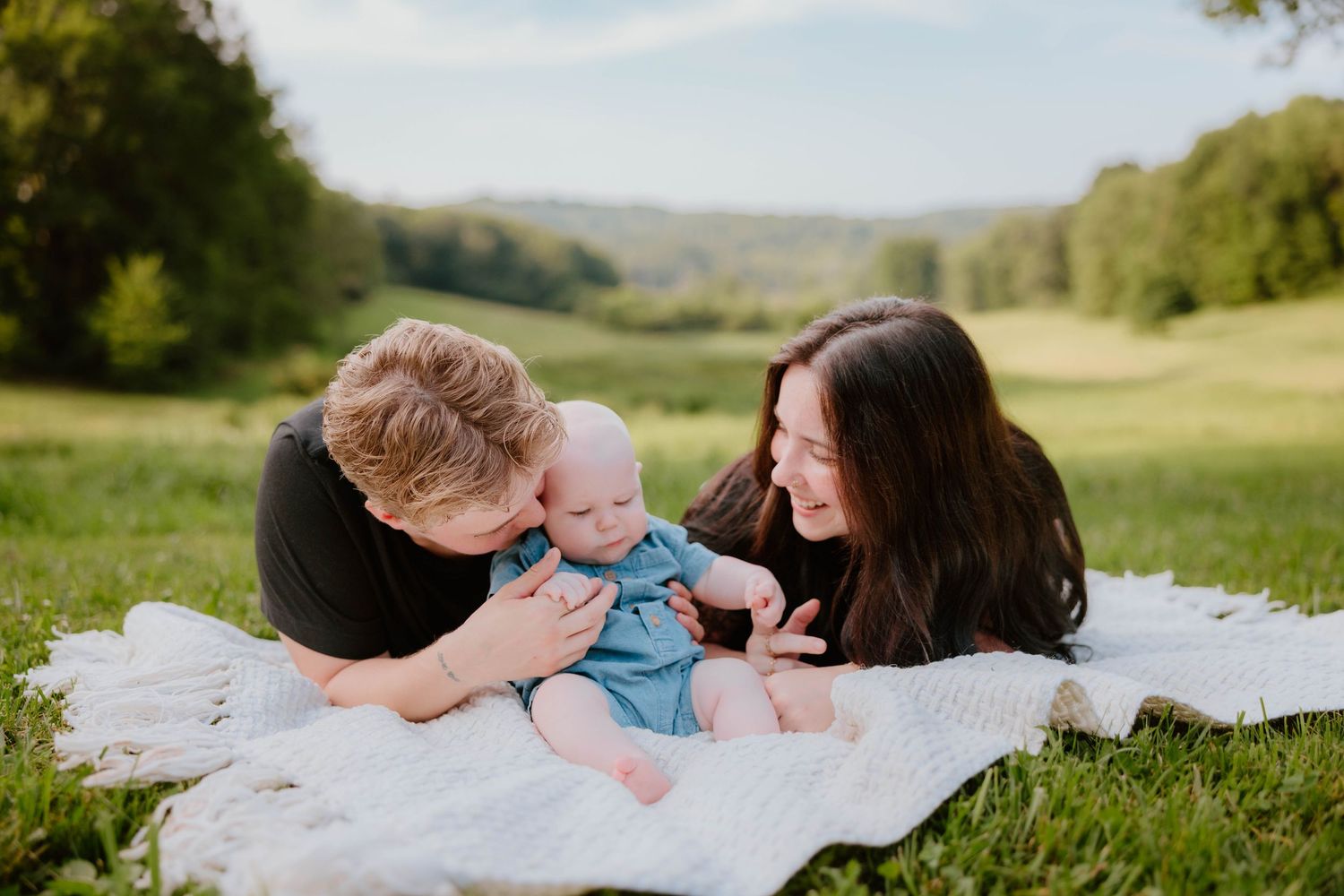 Young couple smiling at their baby on a white blanket in a scenic green meadow.