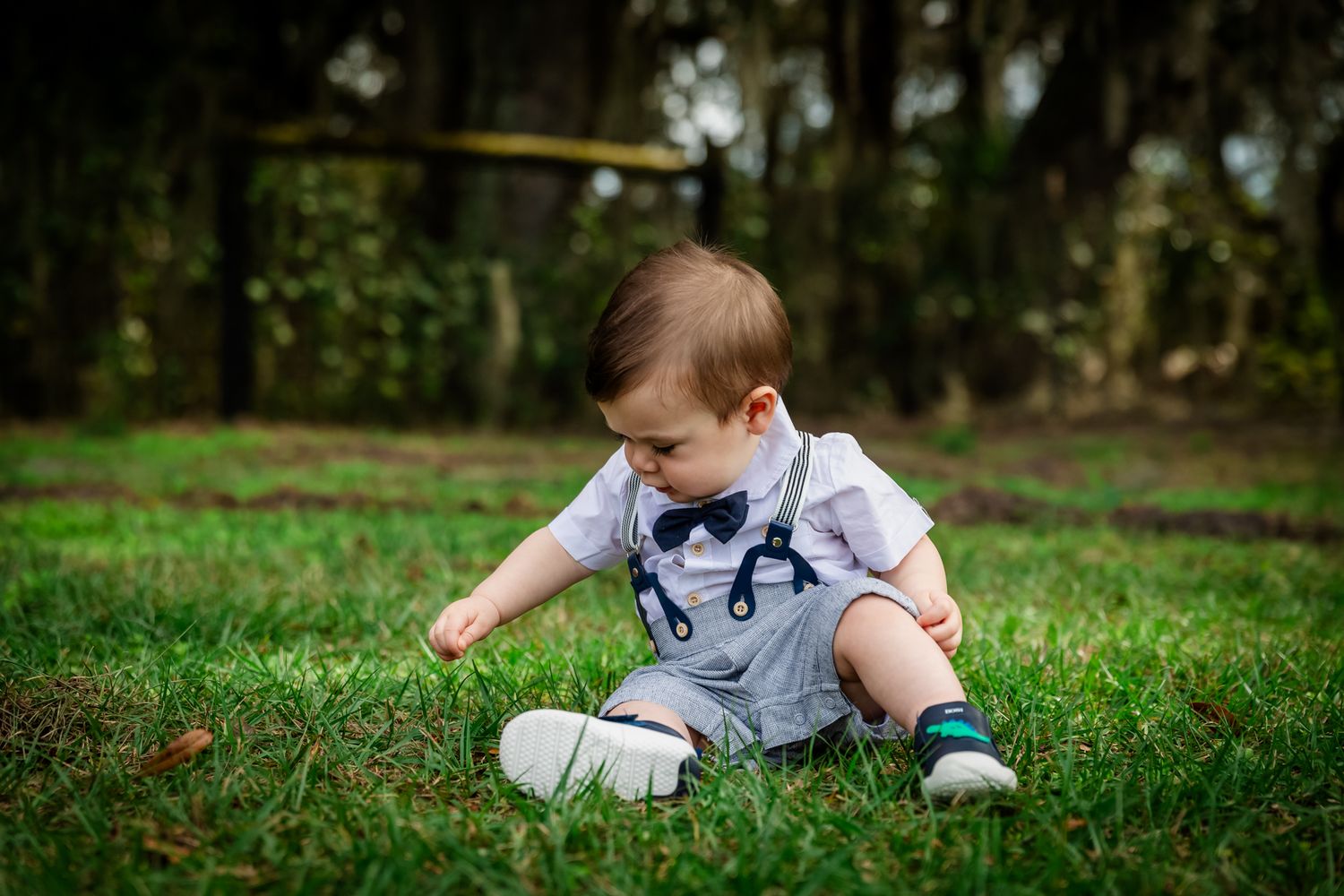 Cute baby boy in suspenders sitting on green grass exploring outdoors.
