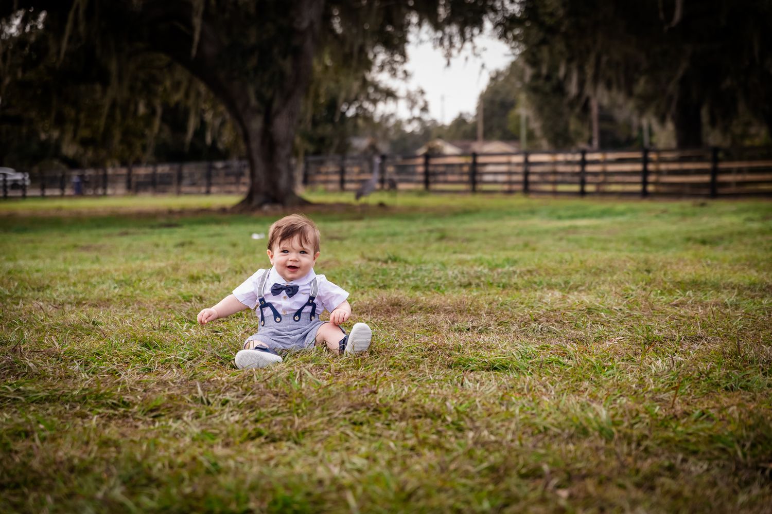 A baby sits alone on green grass in an outdoor park setting with trees and wooden fencing in the background.