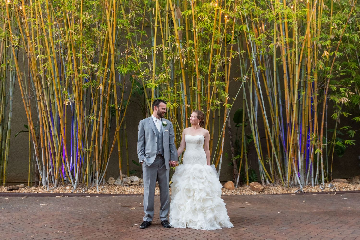 Bride and groom hold hands before bamboo trees in lush garden setting, bride in ruffled gown, groom in gray suit.