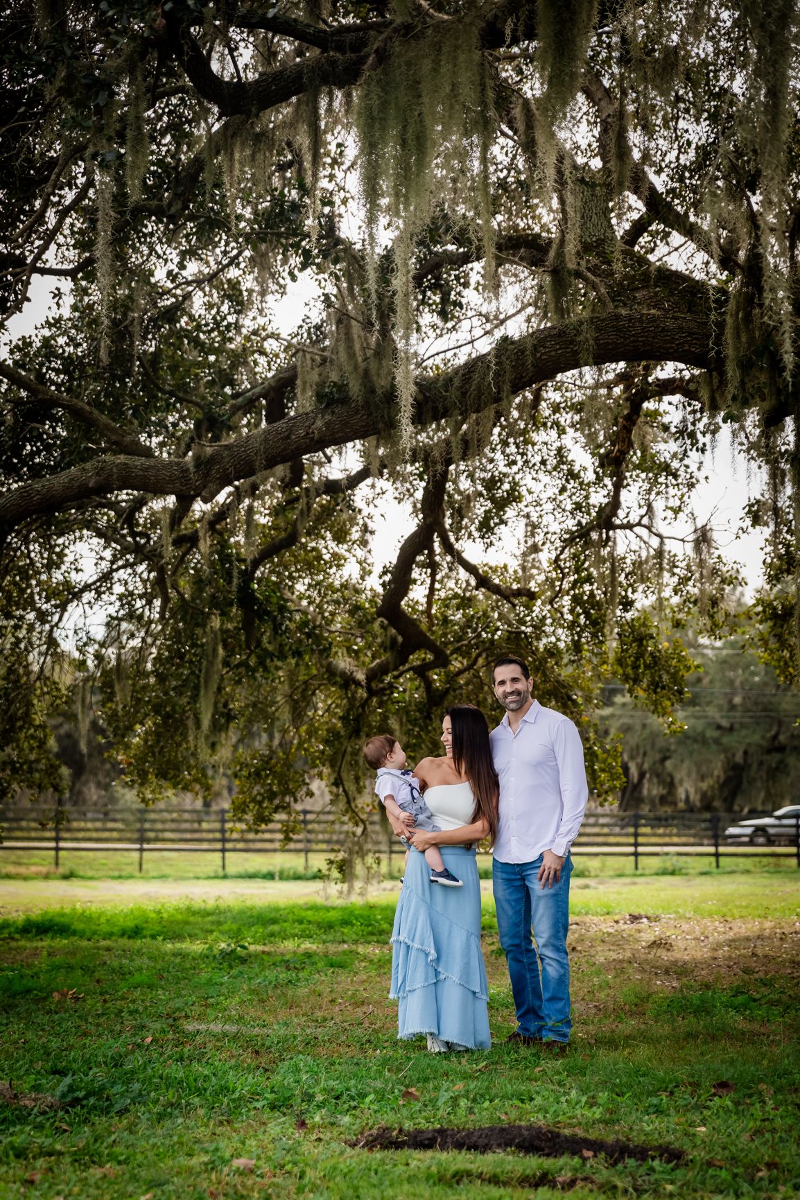 Family portrait under a large moss-draped oak tree on a green farm, parents holding baby in a serene outdoor setting.
