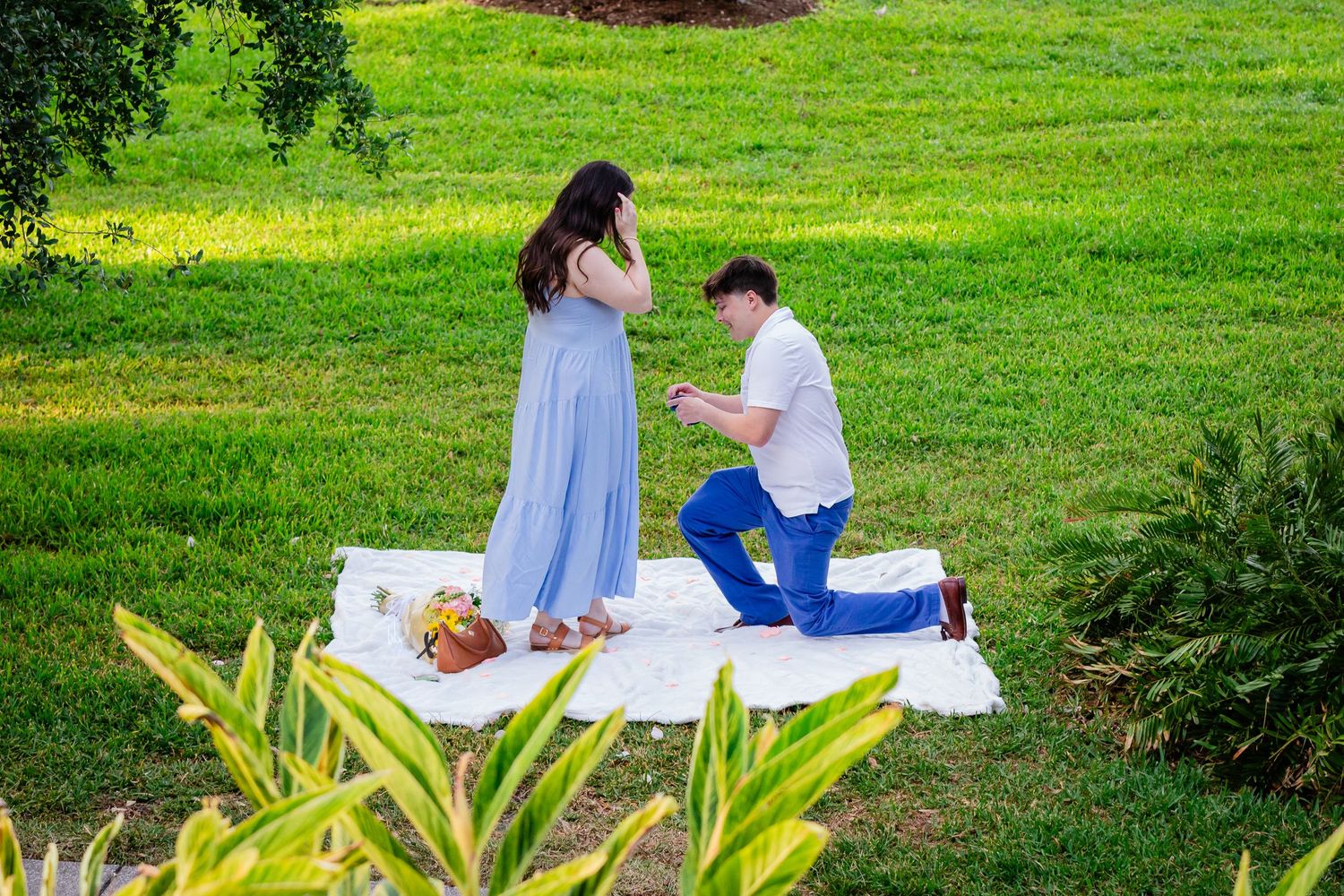 Man proposing on one knee to woman in blue dress on white blanket in lush green park setting.