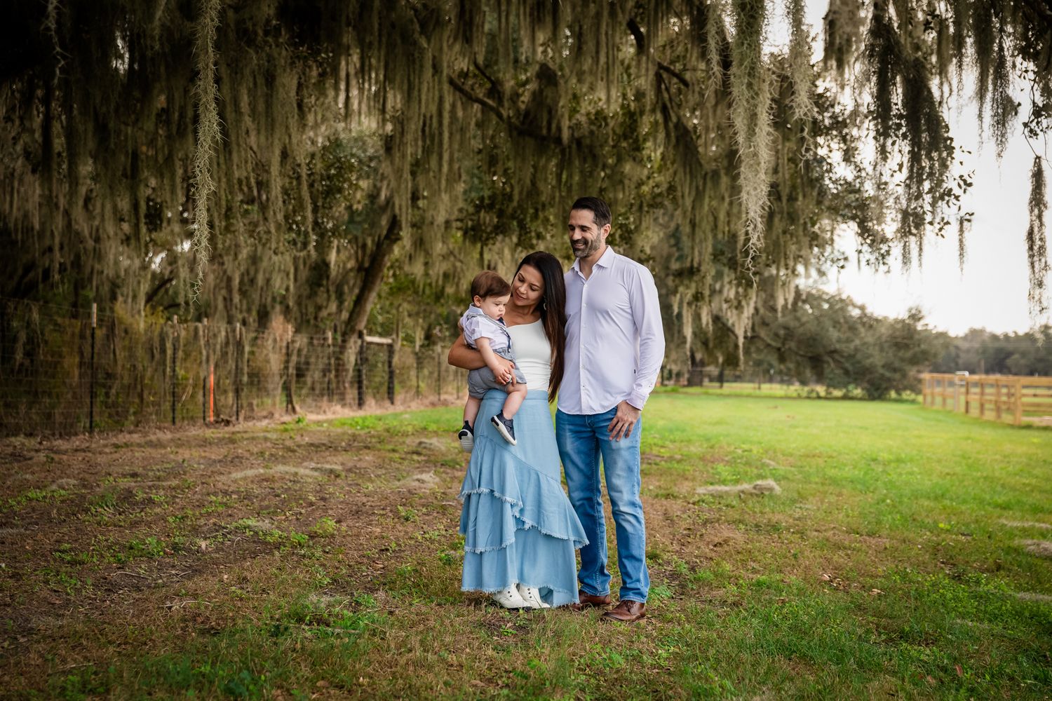 Family portrait of couple holding baby under Spanish moss tree in green field.