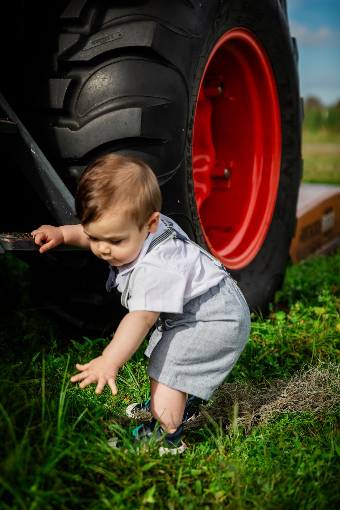 Adorable baby boy in suspenders exploring grass beside large red and black tractor tire on sunny day.
