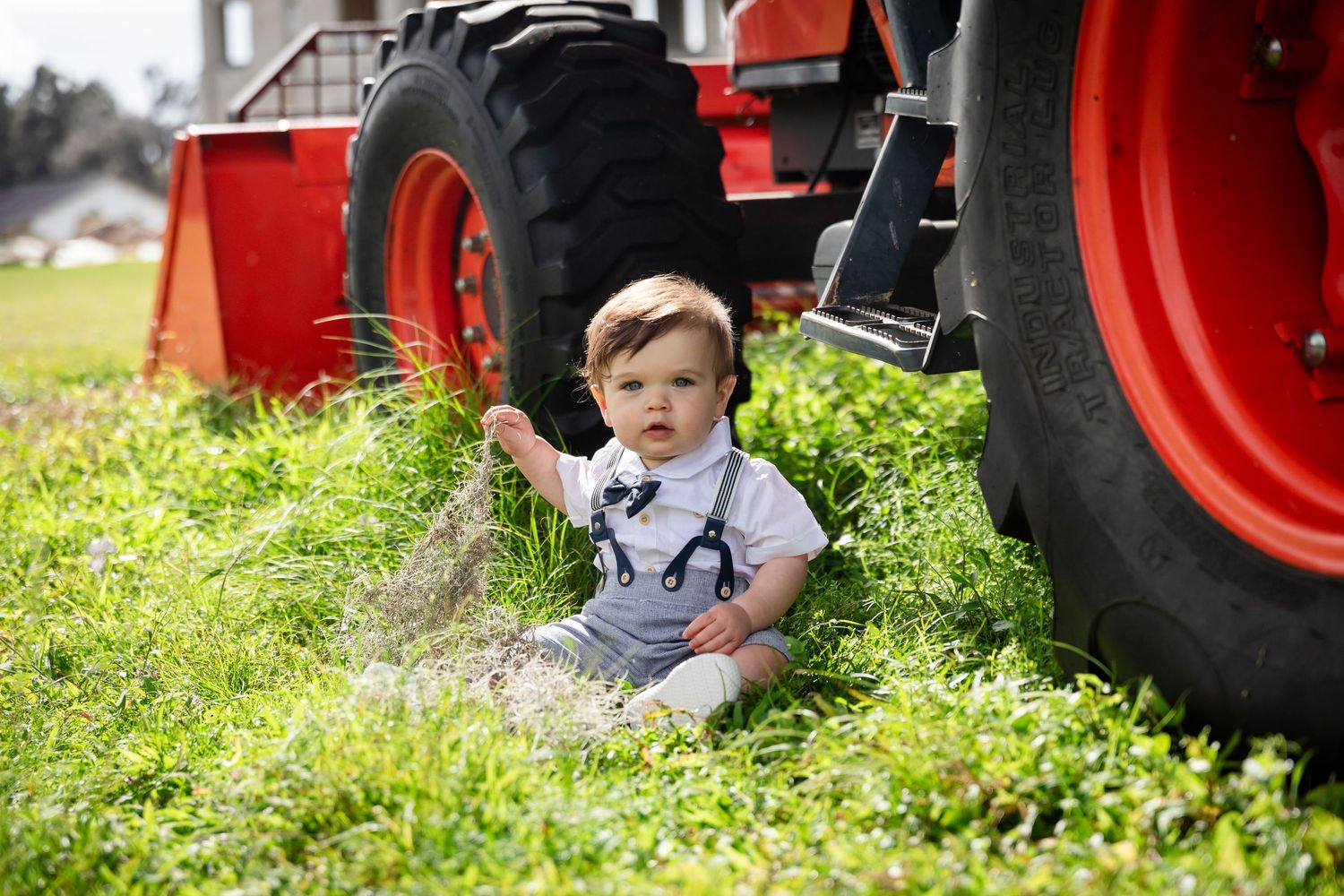 Baby boy in suspenders sits in green grass beside a large red tractor on a sunny farm day.