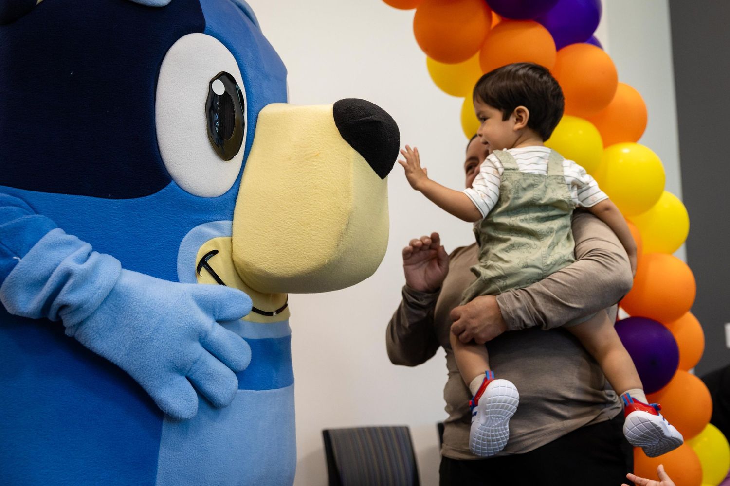 Child reaching toward Bluey mascot costume at colorful balloon arch party event.