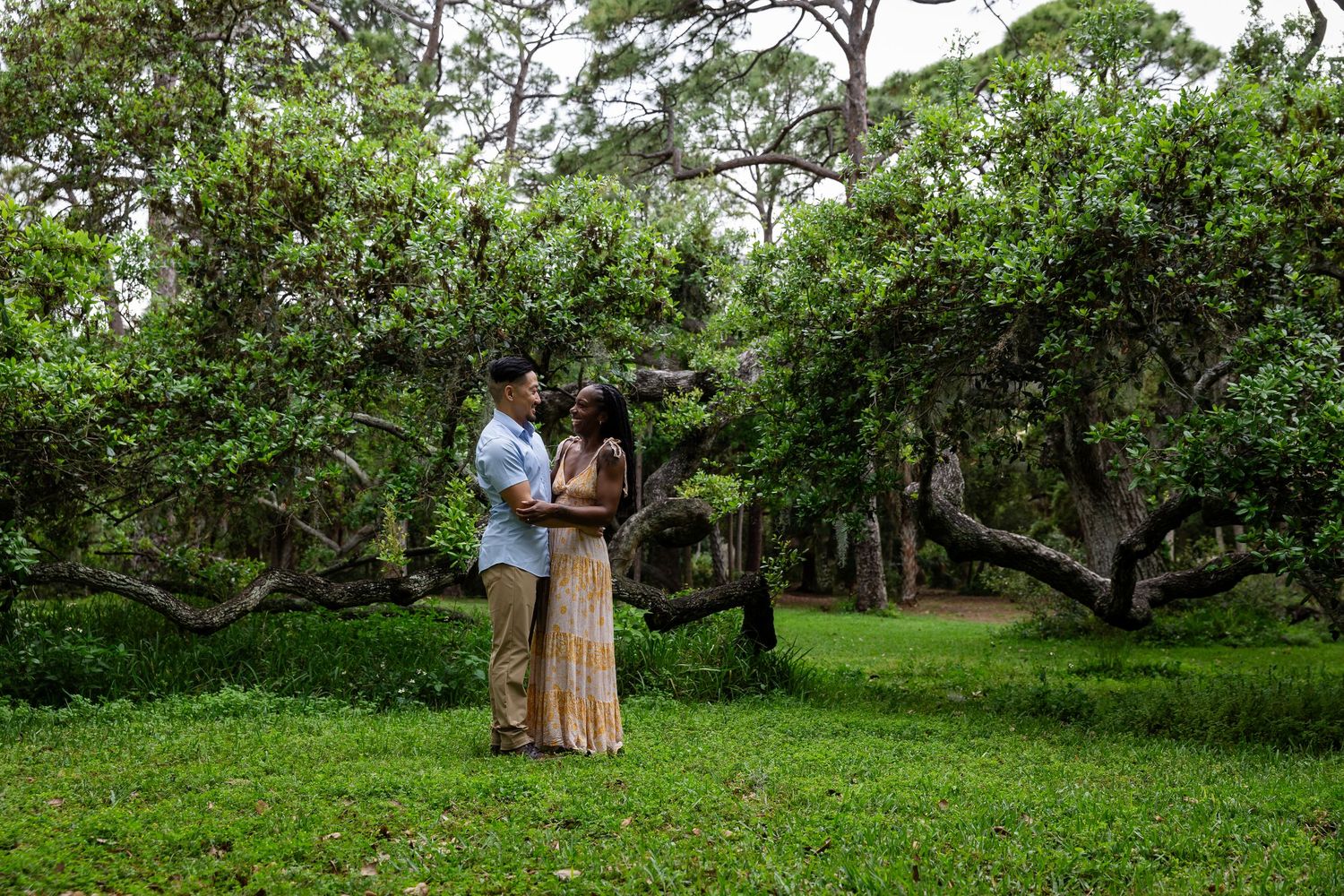 Couple embracing in a lush green park surrounded by sprawling trees during an outdoor engagement photo session.