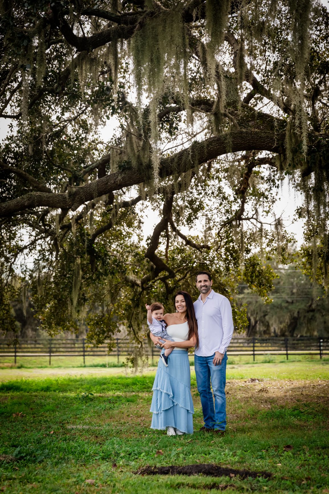 Family of three posing under large Spanish moss oak tree in green field near wooden fence.