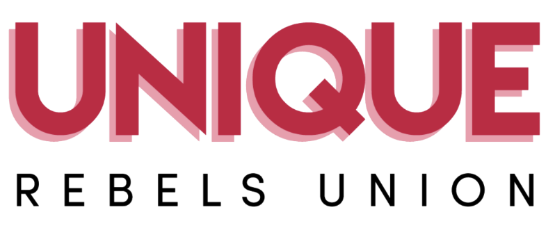 Unique Rebels Union bold red and black logo on white background.