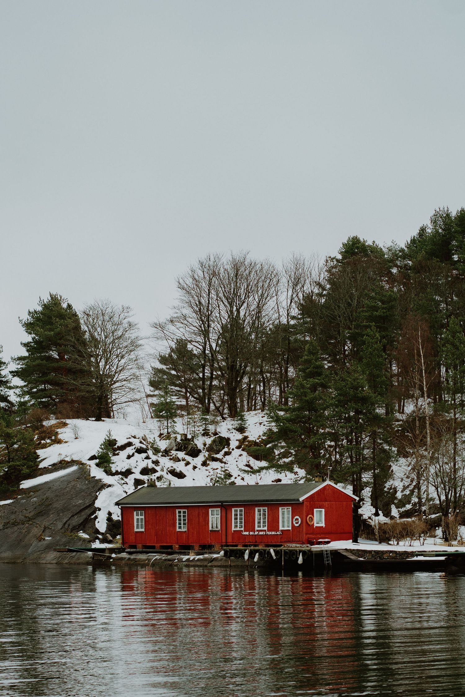 Red wooden cottage on a snowy coastline with pine trees reflects in calm winter waters in Norway.