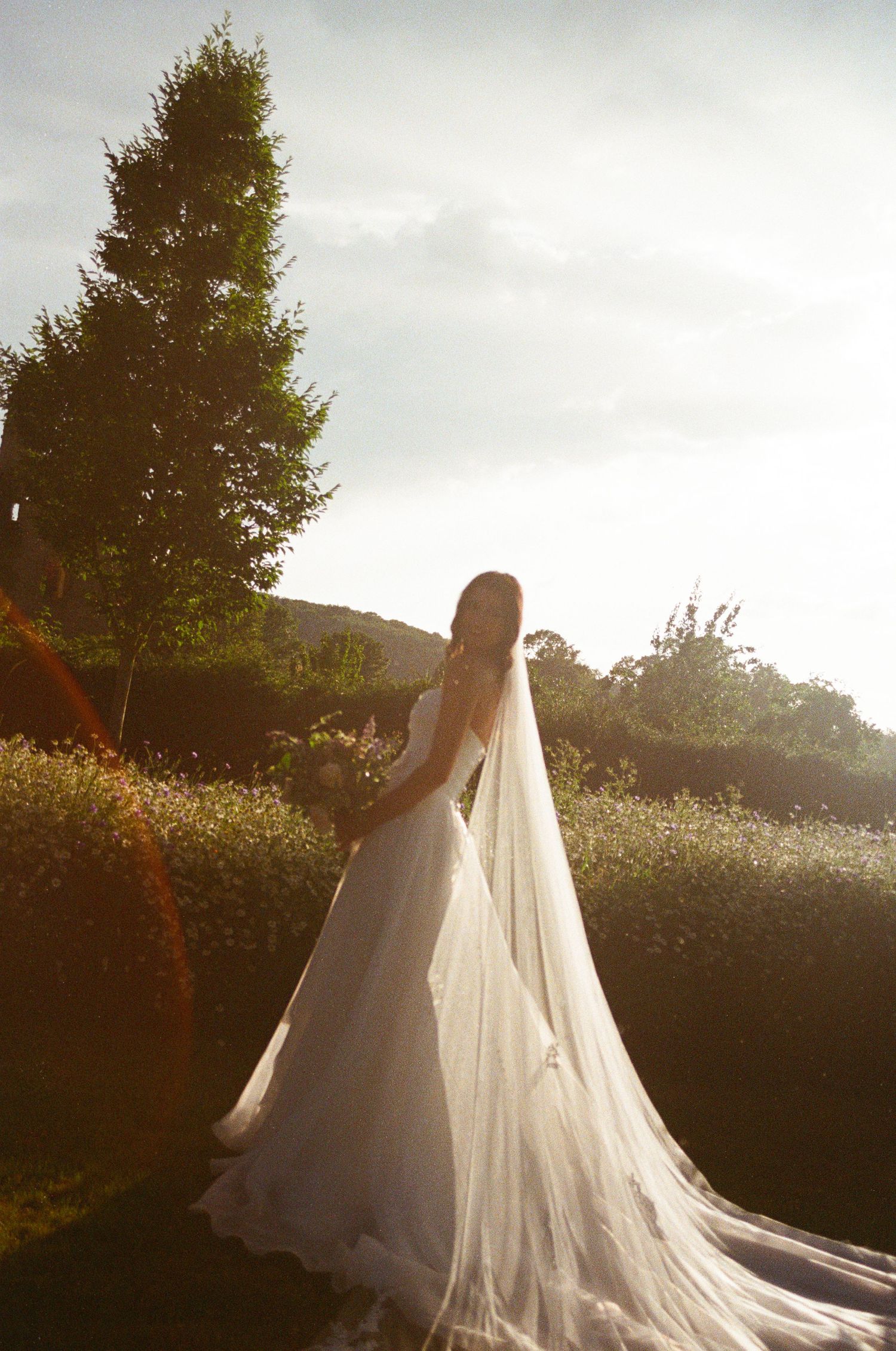 Bride in flowing white gown with cathedral veil standing in golden sunset garden.