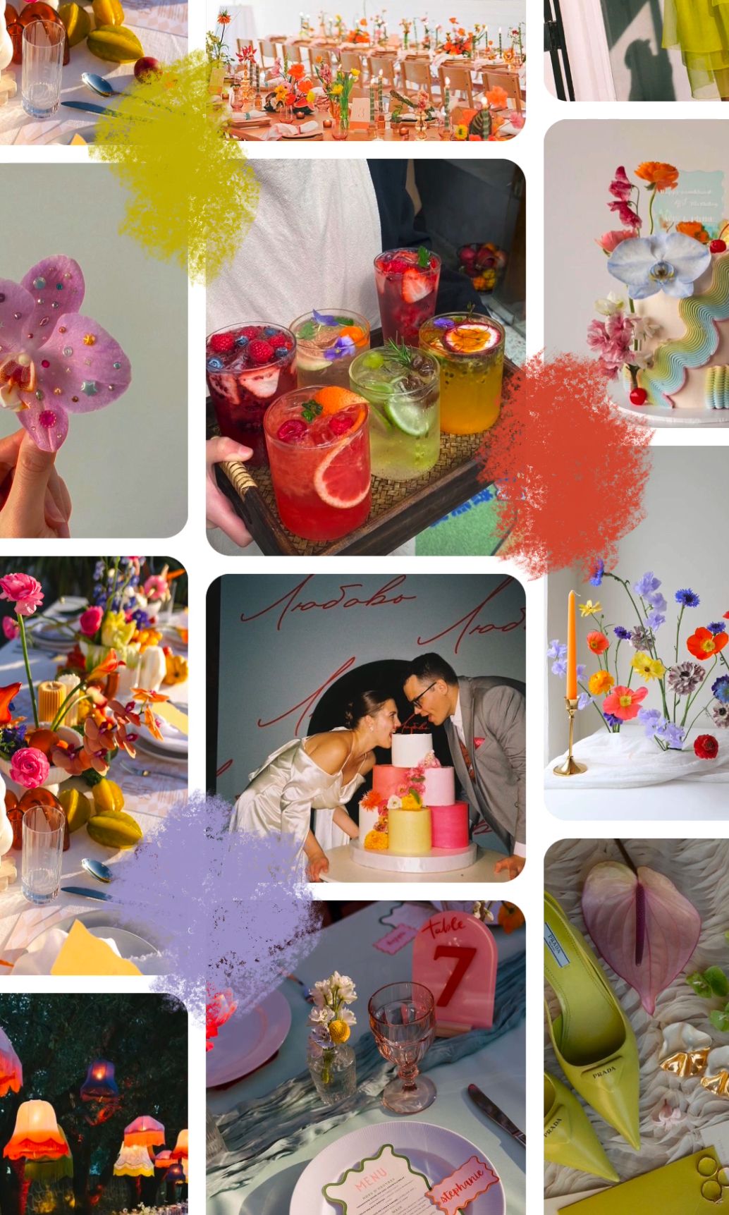 Colorful wedding reception collage with floral arrangements, cocktails, and festive decorations.