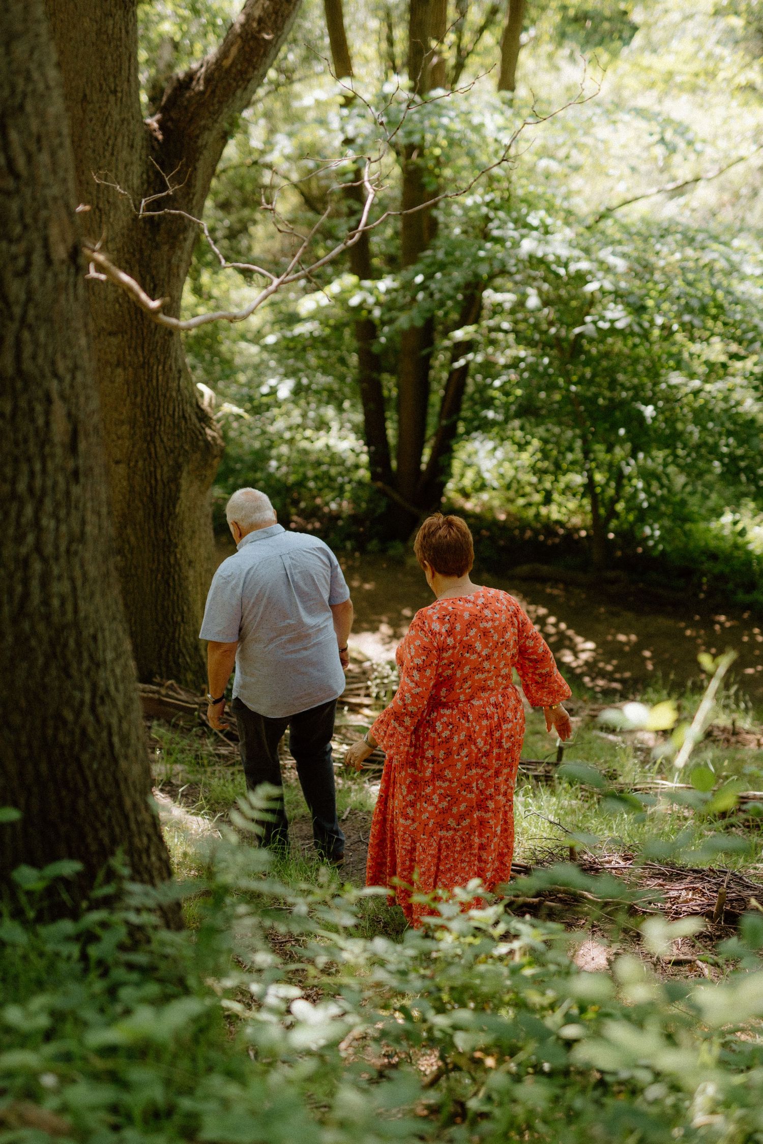 Elderly couple walking hand in hand through a lush green forest path in summer.