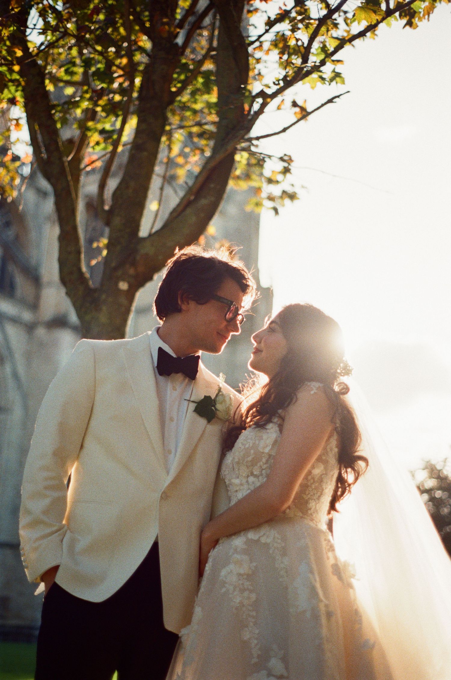 Bride and groom sharing a romantic moment outdoors in golden sunlight beneath a tree.