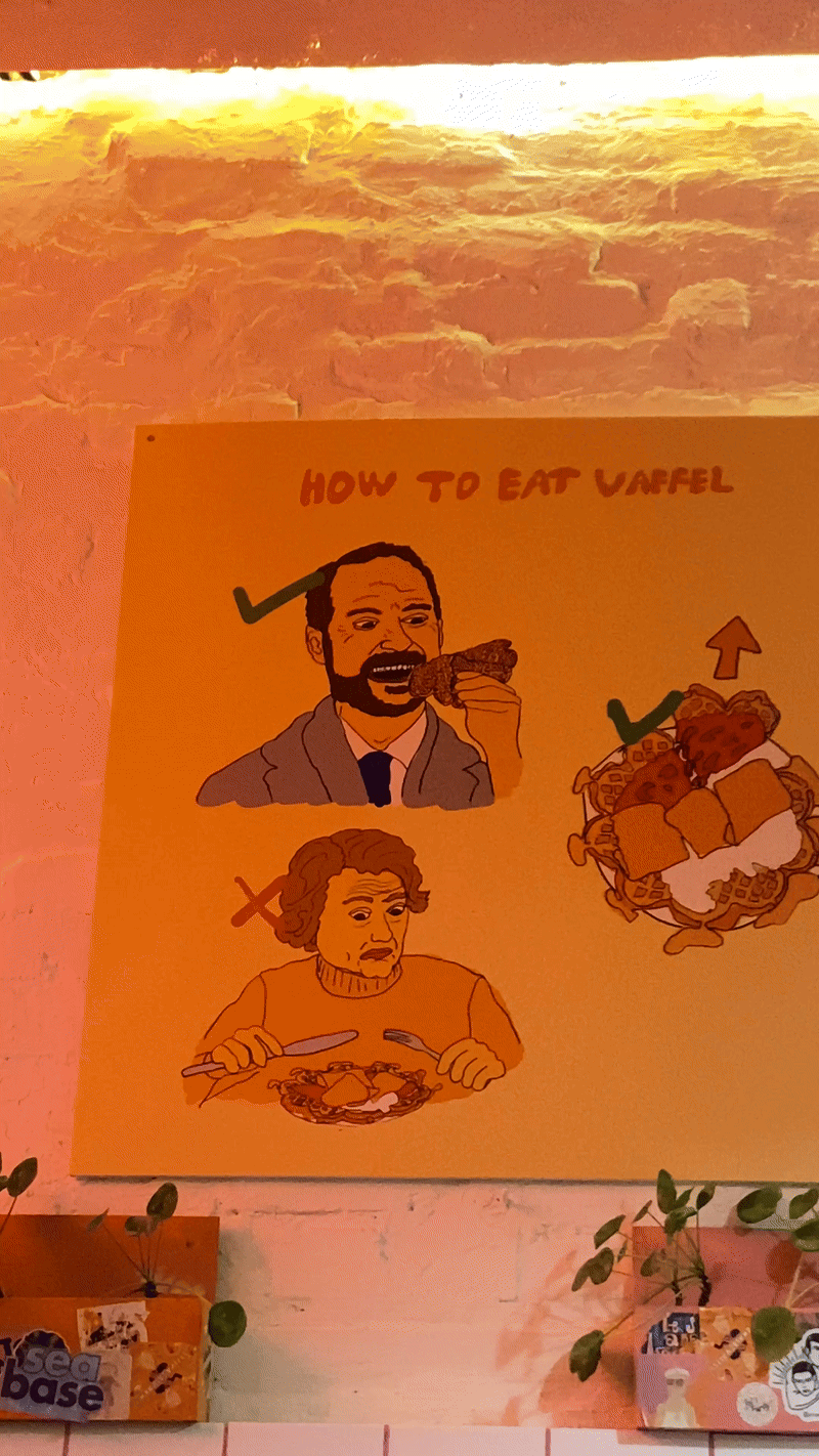 Hand-drawn instructional illustration labeled 'How to eat unfeel' showing two contrasting eating styles and a food item against orange wall.