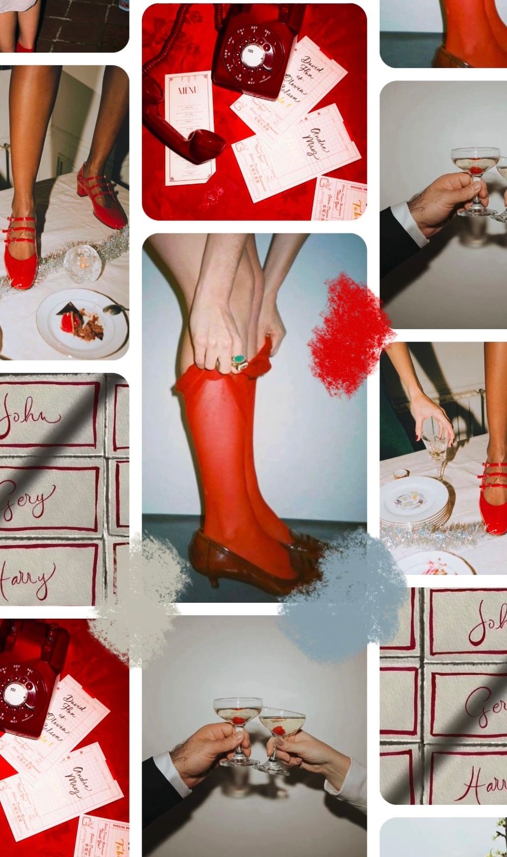 Wedding detail collage in red featuring shoes, champagne toasts, and handwritten notes.