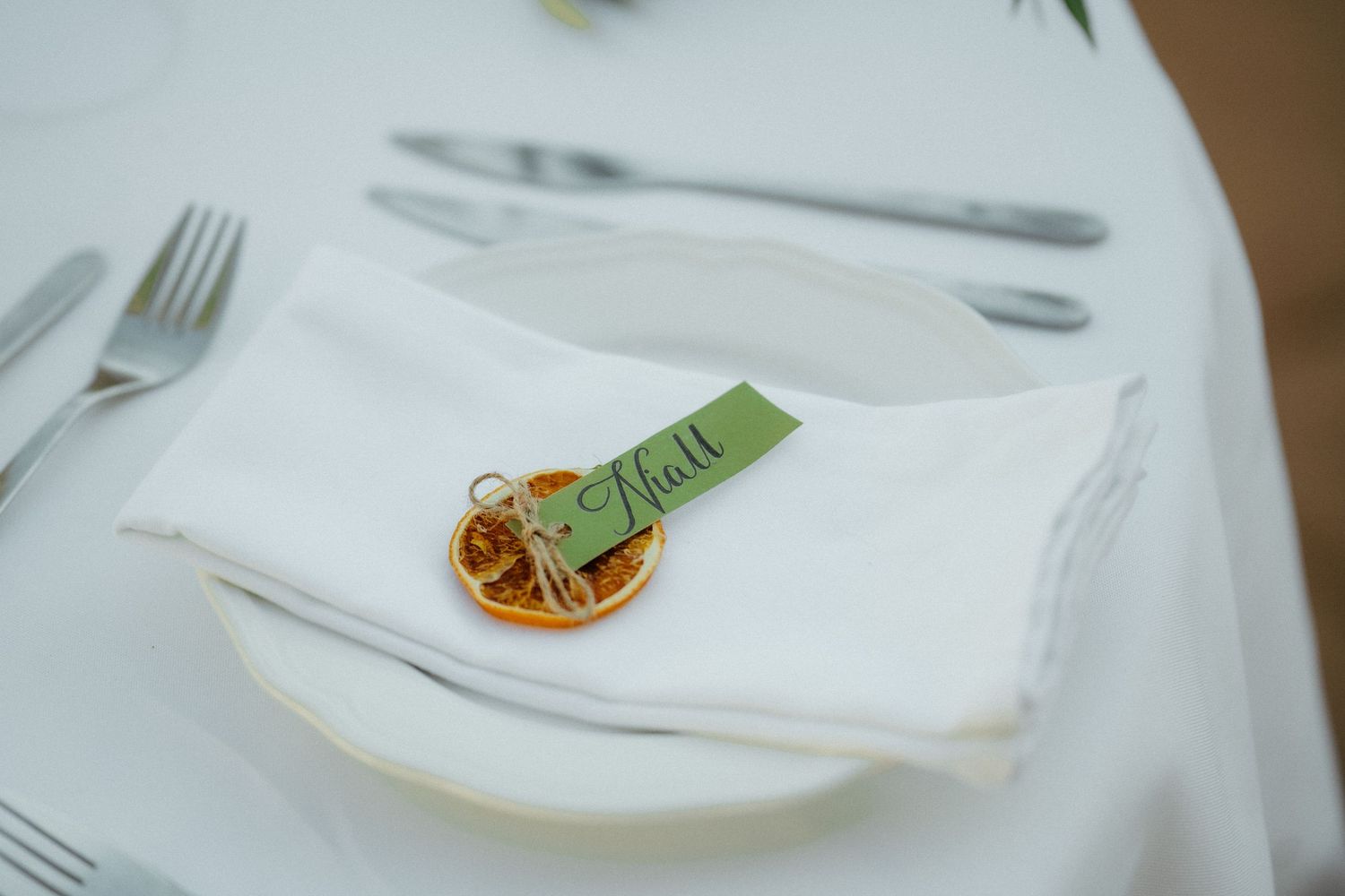 Wedding place setting with dried orange slice and green name card reading Niall on white napkin.