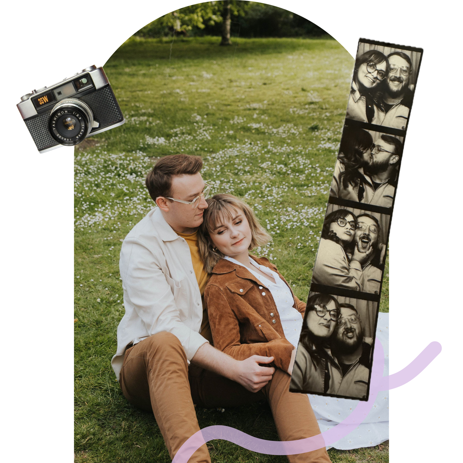 Couple sitting in a flower field with a vintage camera and photo booth strip collage on white background.