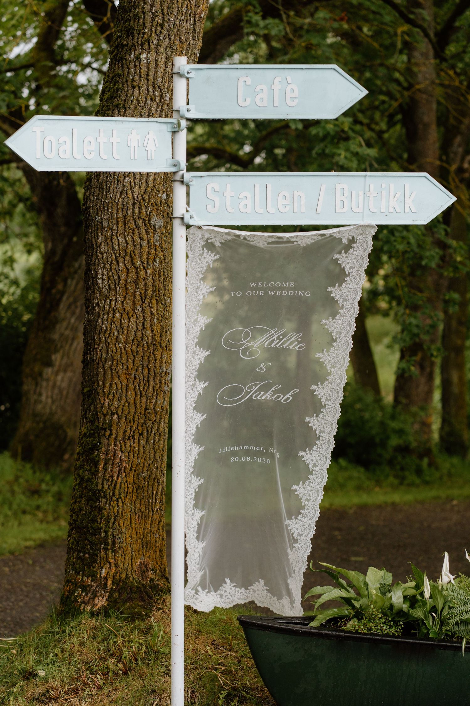 Wedding welcome sign for Allie and Jakob with directional signs in lush green garden setting.