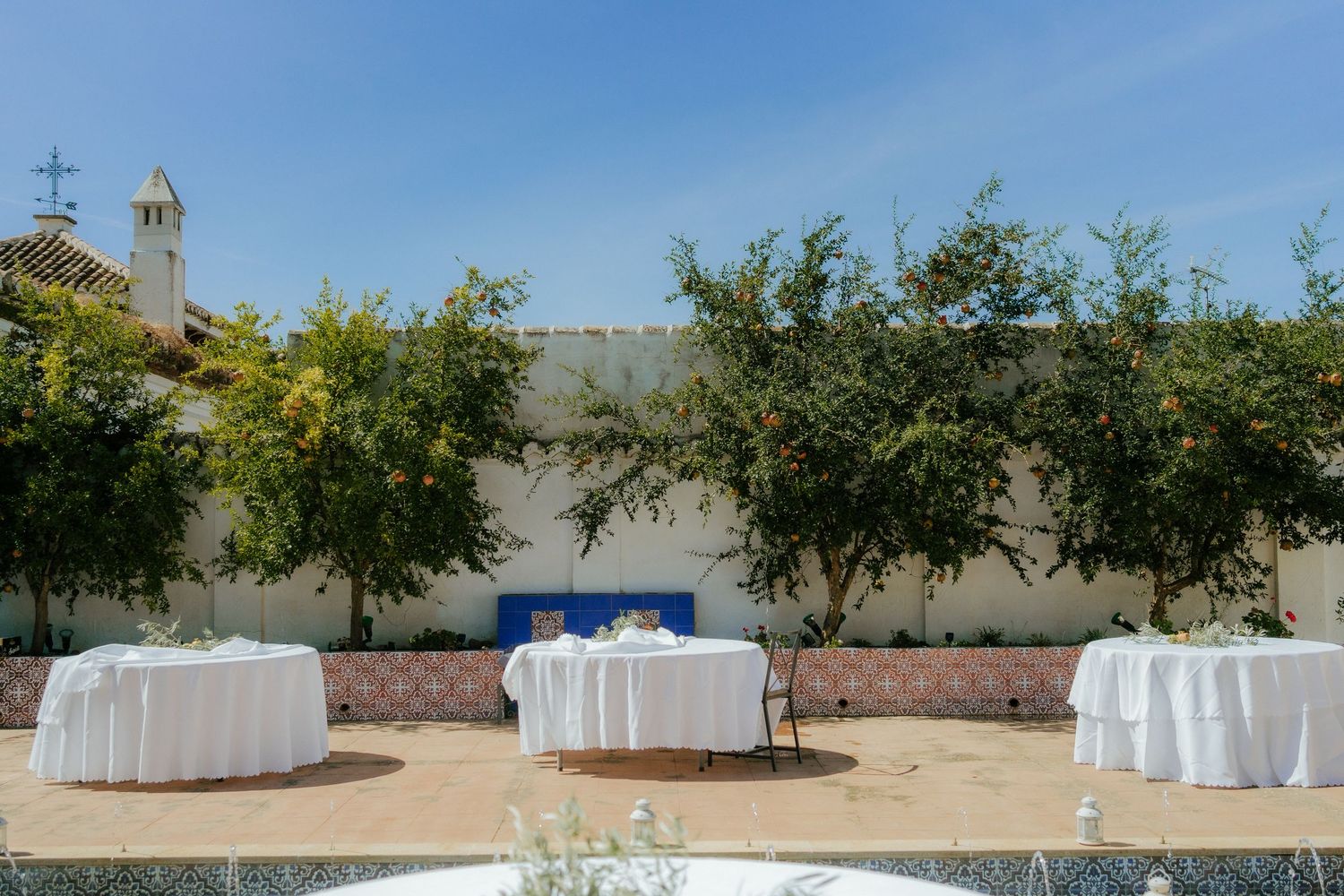 Outdoor wedding reception tables with white linens set under citrus trees in sunny courtyard.