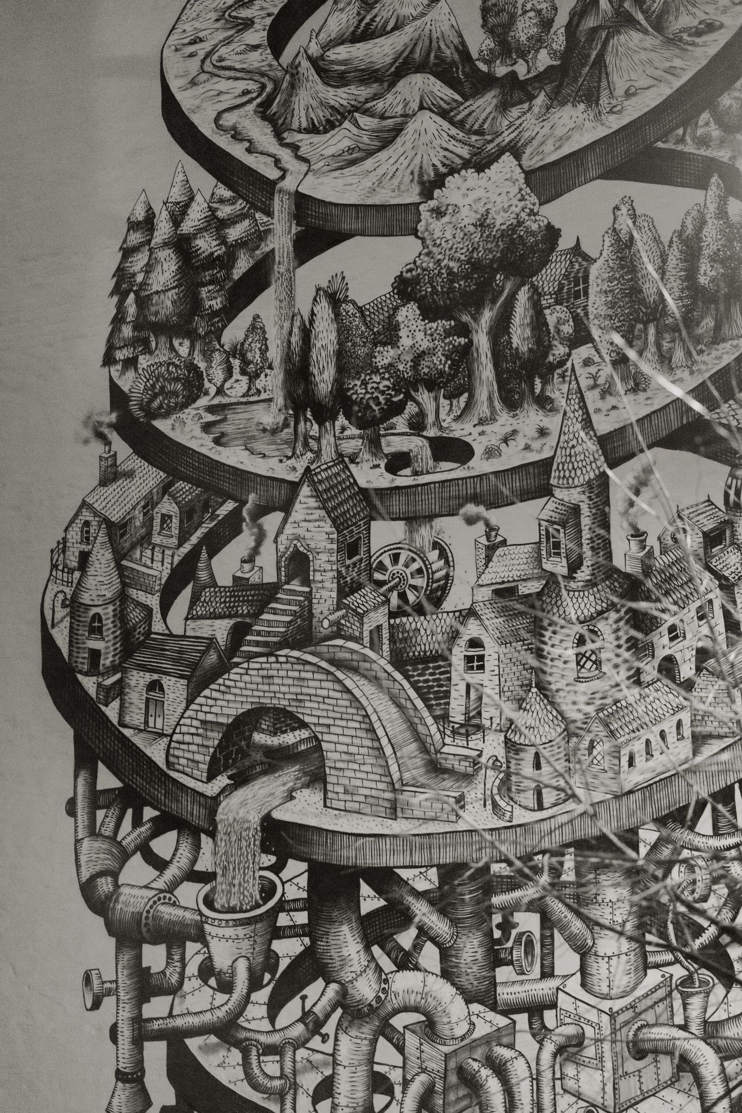Intricate black and white architectural illustration showing surreal winding pathways and buildings in an Escher-like style.