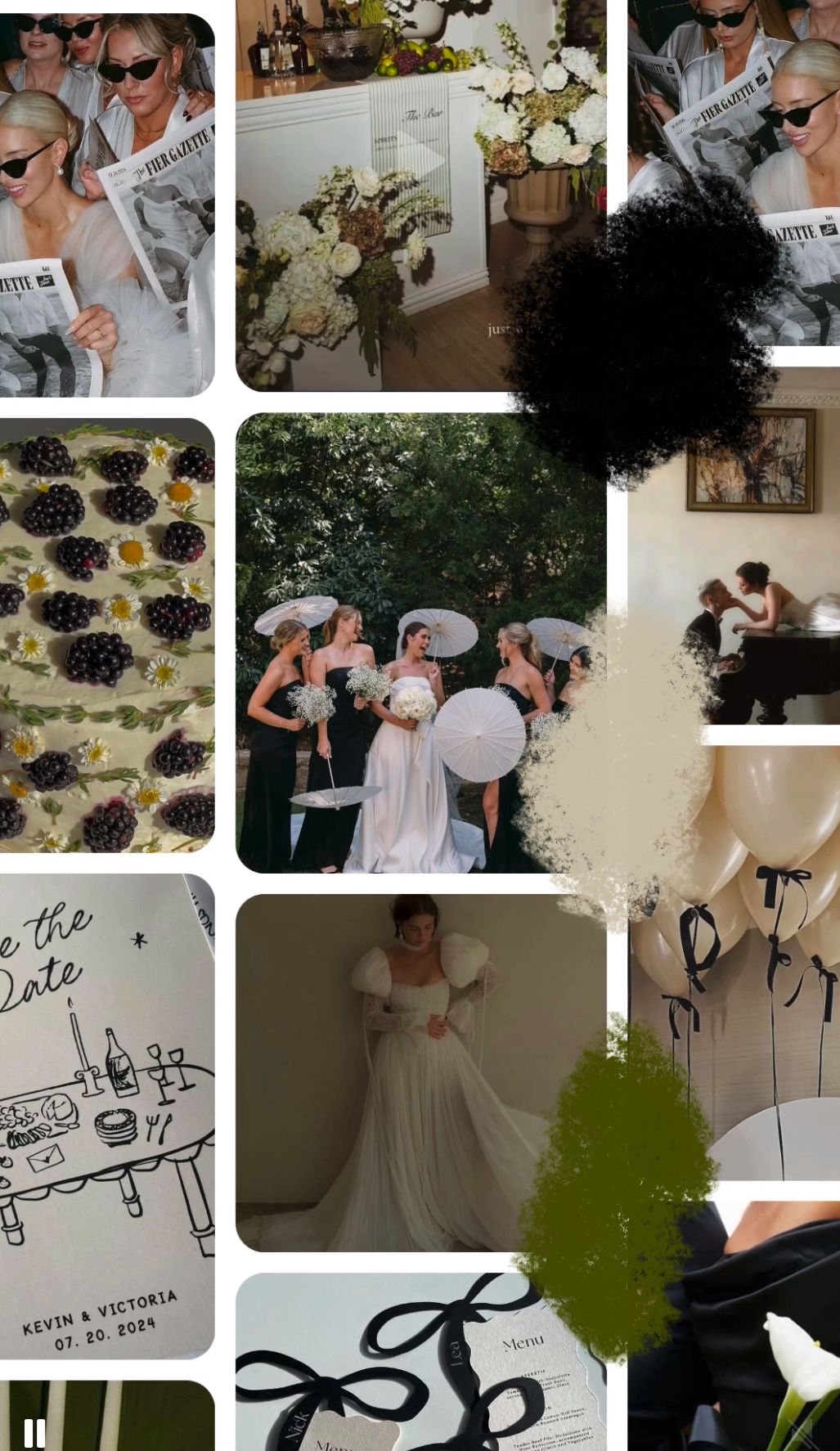 Wedding day collage featuring floral arrangements, invitations, and candid moments in black and white.