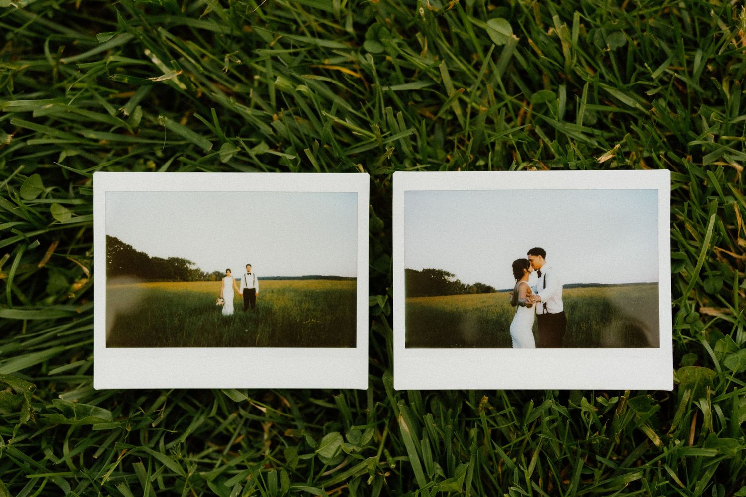 Two Polaroid photos of bride and groom in a field resting on green grass.